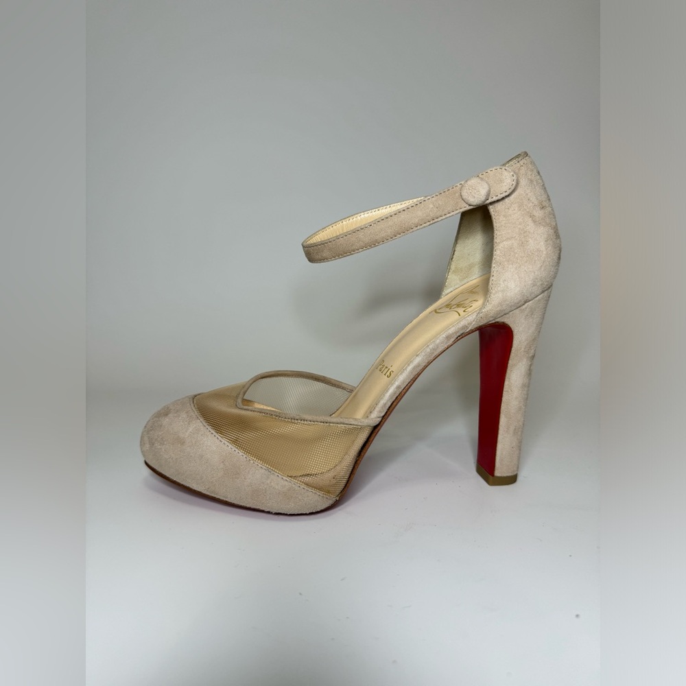 NEW $845 Christian Louboutin Vicky Jane 120 Nude Suede Strap Ankle Pump Heels 35